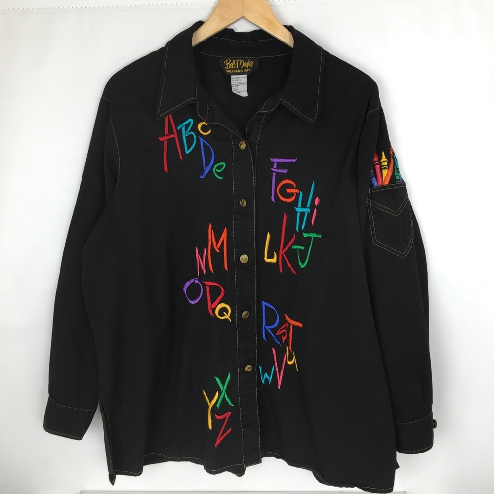 Vintage Bob Mackie Wearable Art Women’s ButtonUp Shirt Embroidered Alphabet Rare